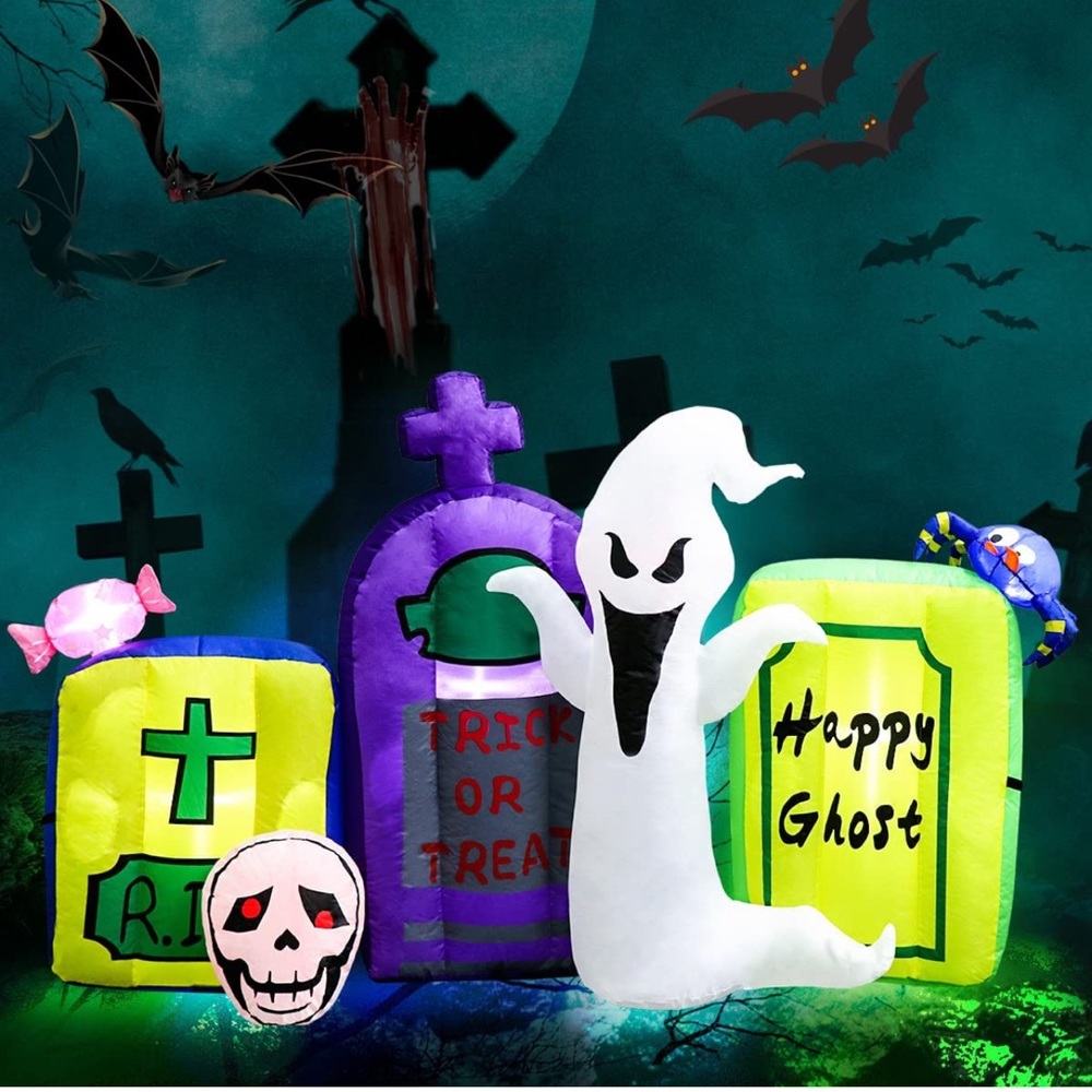 Halloween Inflatable Outdoor Decorations - 7FT Tombstone with Ghost Skull